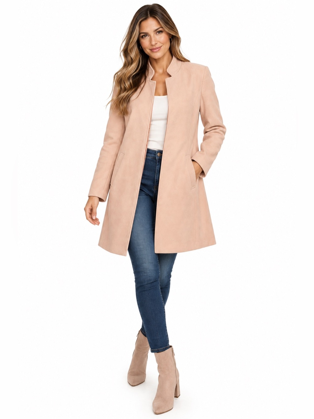 Tahari ASL Women’s Size 10 Blush Pink Suede Look Long Open Front Coat Jacket